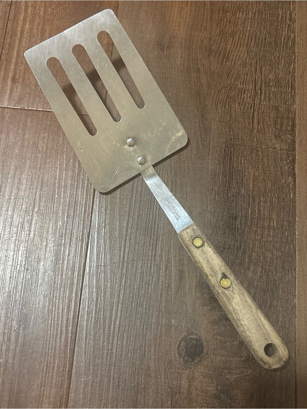 Vintage Robinson Stainless Steel Slotted Turner Spatula with Wooden Handle